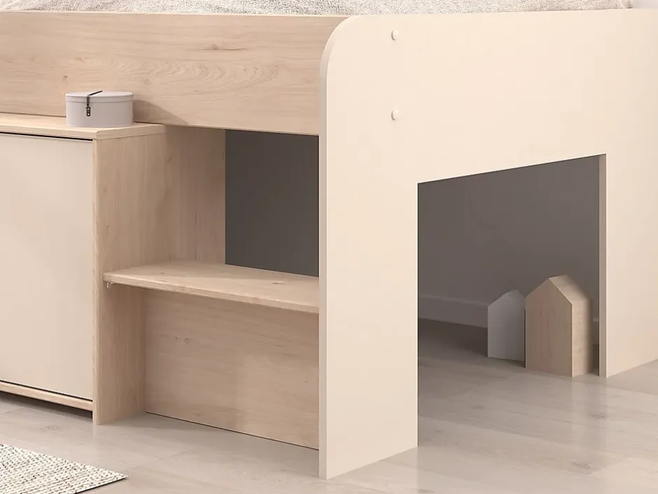 Vente-unique Lit mi-hauteur 90 x 190/200 cm avec rangements - Beige et naturel + Sommier - LUNOBI Sale