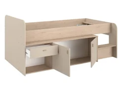 Vente-unique Lit mi-hauteur 90 x 190/200 cm avec rangements - Beige et naturel + Sommier - LUNOBI Sale