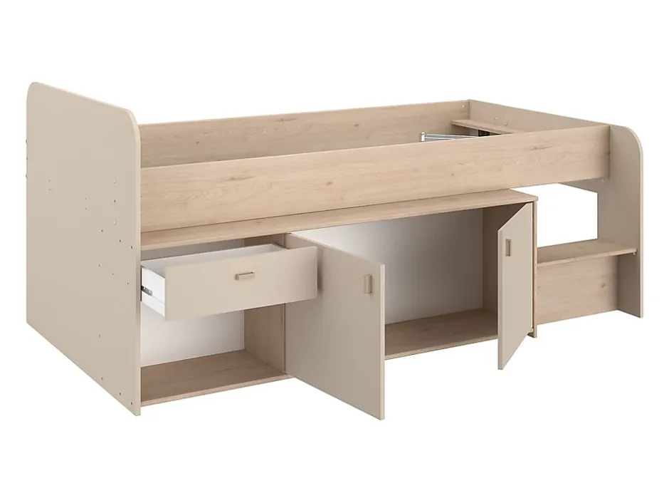 Vente-unique Lit mi-hauteur 90 x 190/200 cm avec rangements - Beige et naturel + Sommier - LUNOBI Sale