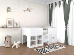 Vente-unique Lit mi-hauteur 90 x 190 cm avec rangements - Coloris : Blanc - BOUTANIO Sale