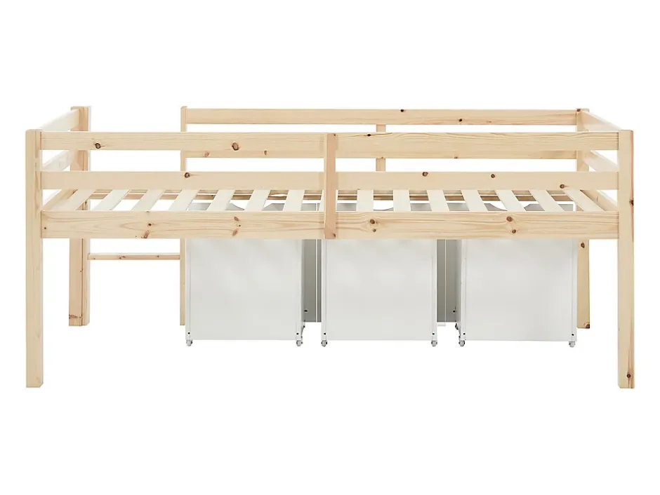 Vente-unique Lit mi-hauteur 90 x 190 cm avec rangement - Pin et MDF - Coloris : Naturel et blanc + Matelas - LANIORI Discount