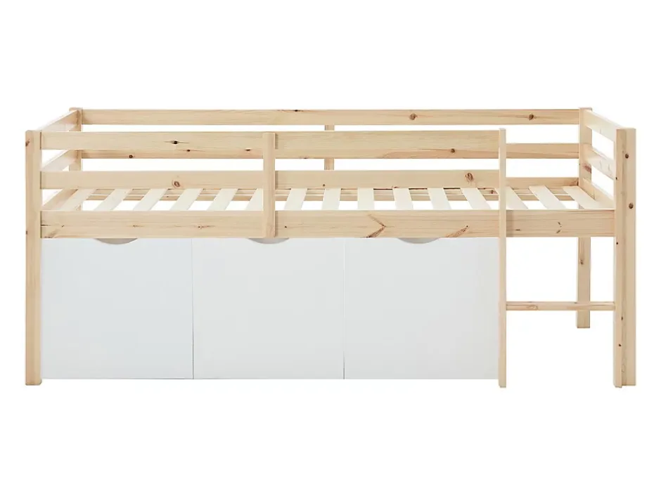 Vente-unique Lit mi-hauteur 90 x 190 cm avec rangement - Pin et MDF - Coloris : Naturel et blanc + Matelas - LANIORI Discount