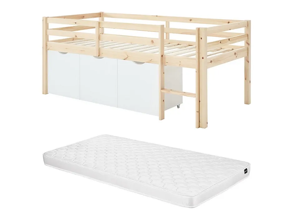Vente-unique Lit mi-hauteur 90 x 190 cm avec rangement - Pin et MDF - Coloris : Naturel et blanc + Matelas - LANIORI Discount