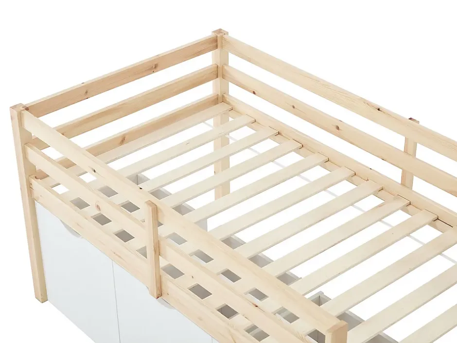 Vente-unique Lit mi-hauteur 90 x 190 cm avec rangement - Pin et MDF - Coloris : Naturel et blanc + Matelas - LANIORI Discount