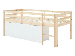 Vente-unique Lit mi-hauteur 90 x 190 cm avec rangement - Pin et MDF - Coloris : Naturel et blanc + Matelas - LANIORI Discount