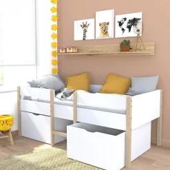 Vente-unique Lit mi-hauteur SISSY - 2 tiroirs - 90 x 190 cm - Blanc et chêne