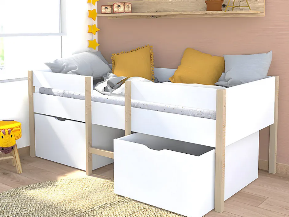 Vente-unique Lit mi-hauteur SISSY - 2 tiroirs - 90 x 190 cm - Blanc et chêne