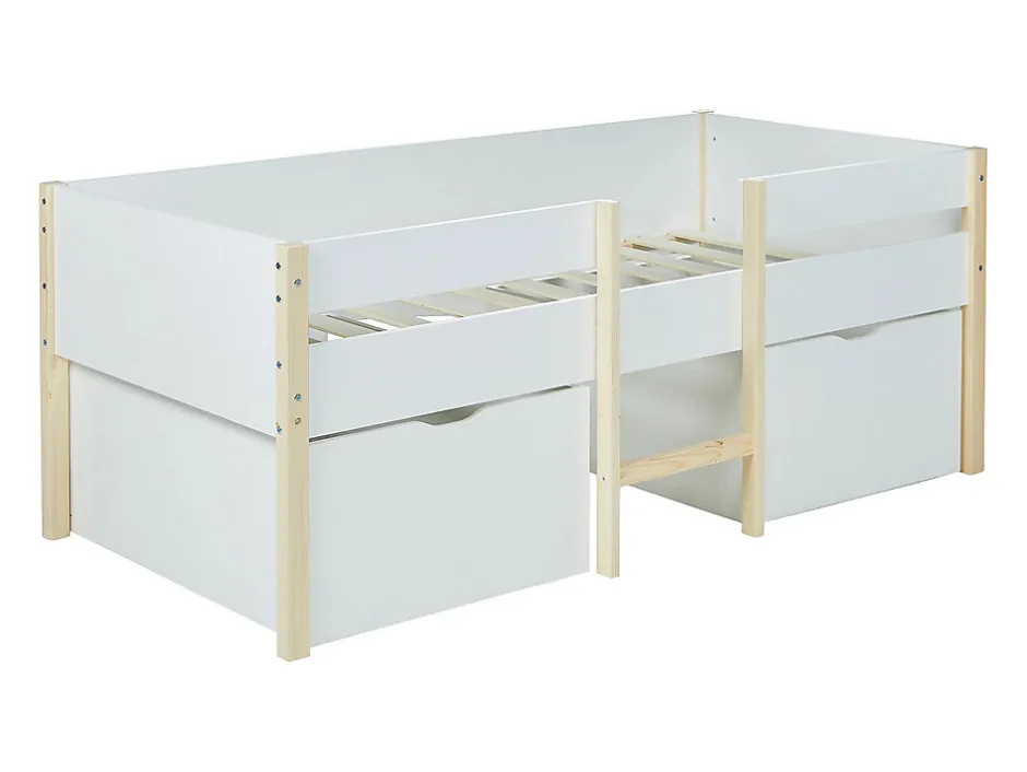 Vente-unique Lit mi-hauteur SISSY - 2 tiroirs - 90 x 190 cm - Blanc et chêne