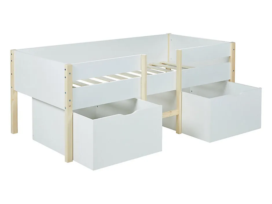 Vente-unique Lit mi-hauteur SISSY - 2 tiroirs - 90 x 190 cm - Blanc et chêne