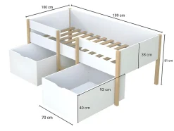 Vente-unique Lit mi-hauteur SISSY - 2 tiroirs - 90 x 190 cm - Blanc et chêne