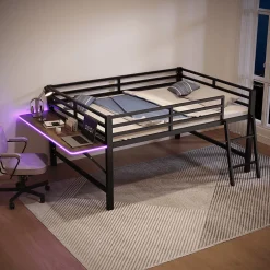 Okwish Lit mi-hauteur 140x200 cm avec étagères et éclairage LED télécommande - lit enfant/ado gain de place - sans matelas - Noir