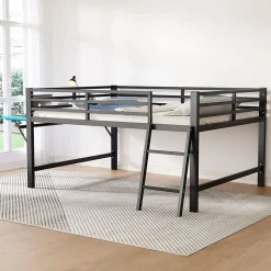 Okwish Lit mi-hauteur 140x200 cm avec étagères et éclairage LED télécommande - lit enfant/ado gain de place - sans matelas - Noir