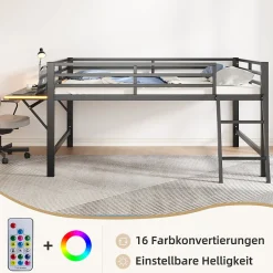 Okwish Lit mi-hauteur 140x200 cm avec étagères et éclairage LED télécommande - lit enfant/ado gain de place - sans matelas - Noir