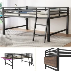 Okwish Lit mi-hauteur 140x200 cm avec étagères et éclairage LED télécommande - lit enfant/ado gain de place - sans matelas - Noir