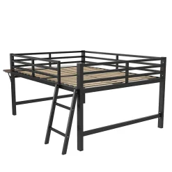 Okwish Lit mi-hauteur 140x200 cm avec étagères et éclairage LED télécommande - lit enfant/ado gain de place - sans matelas - Noir
