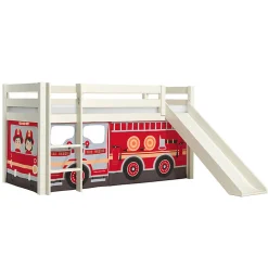 Enfant Petits-Meubles Lit Mi-Hauteur 90x200 Toboggan sommier inclus housse Pompier Vipack Pino Blanc