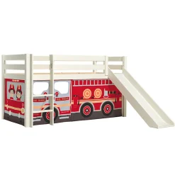 Enfant Petits-Meubles Lit Mi-Hauteur 90x200 Toboggan sommier inclus housse Pompier Vipack Pino Blanc