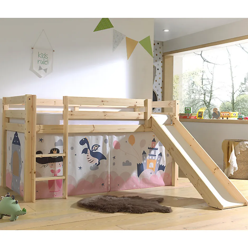 Enfant Petits-Meubles Lit Mi-Hauteur 90x200 Toboggan sommier inclus housse Fairy Vipack Pino Bois