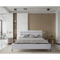 Meublorama Lit MILLIO Blanc 160x200 cm Tissu chenille bouclé Sommier inclus Confort hôtel 5 étoiles