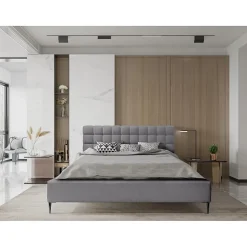 Meublorama Lit MILLIO Gris anthracite 140x200 cm Tissu chenille bouclé Sommier inclus Confort hôtel 5 étoiles Discount