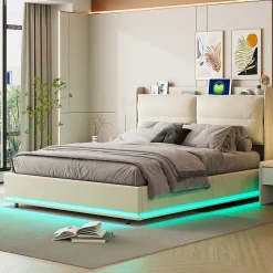 Fortuna lai Lit Moderne Rectangulaire 160x200 Cm Avec Sommier à Lattes, Rembourré, USB Et Type-c, Coffre, Beige