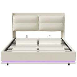 Fortuna lai Lit Moderne Rectangulaire 160x200 Cm Avec Sommier à Lattes, Rembourré, USB Et Type-c, Coffre, Beige