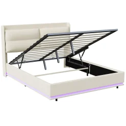 Fortuna lai Lit Moderne Rectangulaire 160x200 Cm Avec Sommier à Lattes, Rembourré, USB Et Type-c, Coffre, Beige