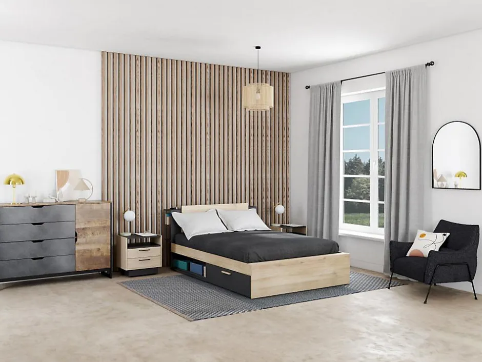Vente-unique Lit modulable 140 x 190/200 cm avec rangements - Coloris : Naturel et noir - ERALIA