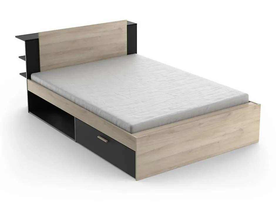 Vente-unique Lit modulable 140 x 190/200 cm avec rangements - Coloris : Naturel et noir - ERALIA