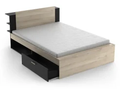 Vente-unique Lit modulable 140 x 190/200 cm avec rangements - Coloris : Naturel et noir - ERALIA