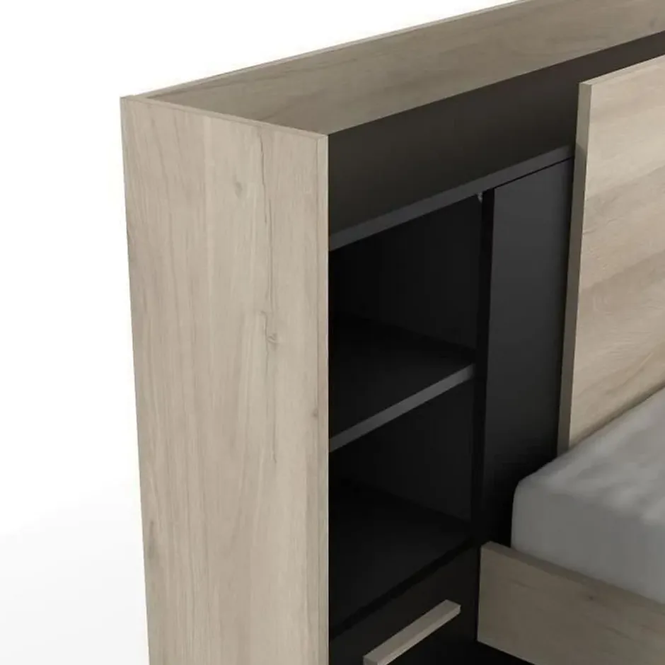Vente-unique Lit modulable 90 x 190/200 cm avec rangements - Noir et naturel - MARTELO Hot