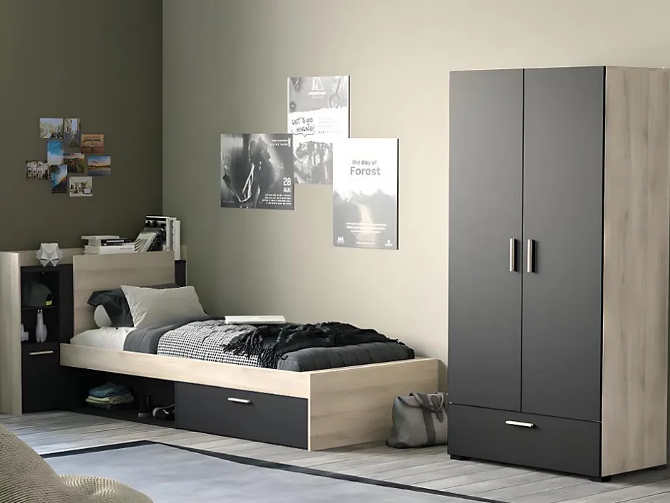 Vente-unique Lit modulable 90 x 190/200 cm avec rangements - Noir et naturel - MARTELO Hot