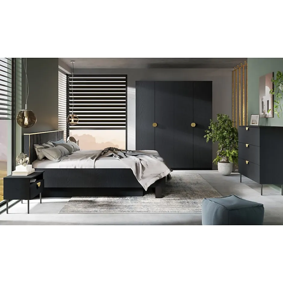 Meublorama Lit MONDO 180x200 cm Noir structuré et doré Pieds métal design Sans sommier Hot