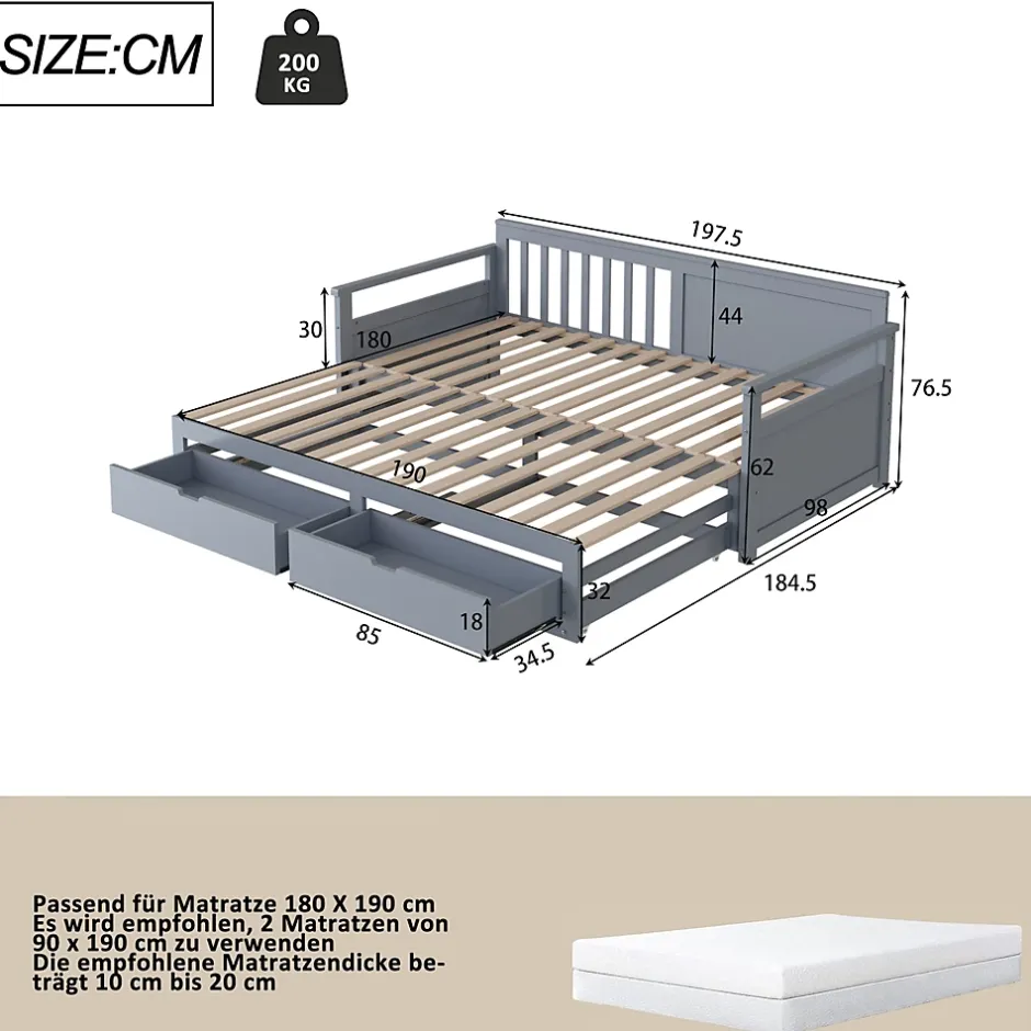 Redom Lit multifonction deux en un quatre vingt dix cent quatre vingt par cent quatre vingt dix pin avec tiroirs lit extensible gris Outlet
