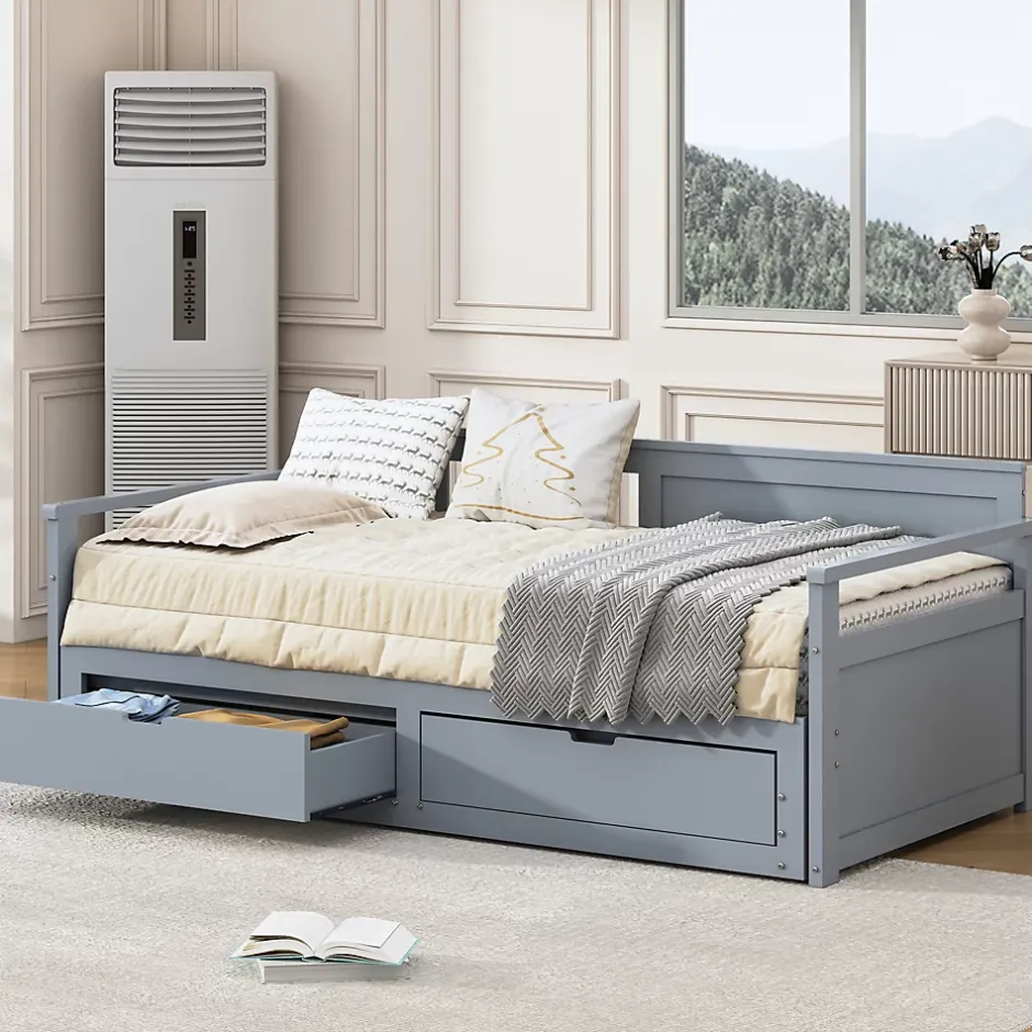 Redom Lit multifonction deux en un quatre vingt dix cent quatre vingt par cent quatre vingt dix pin avec tiroirs lit extensible gris Outlet