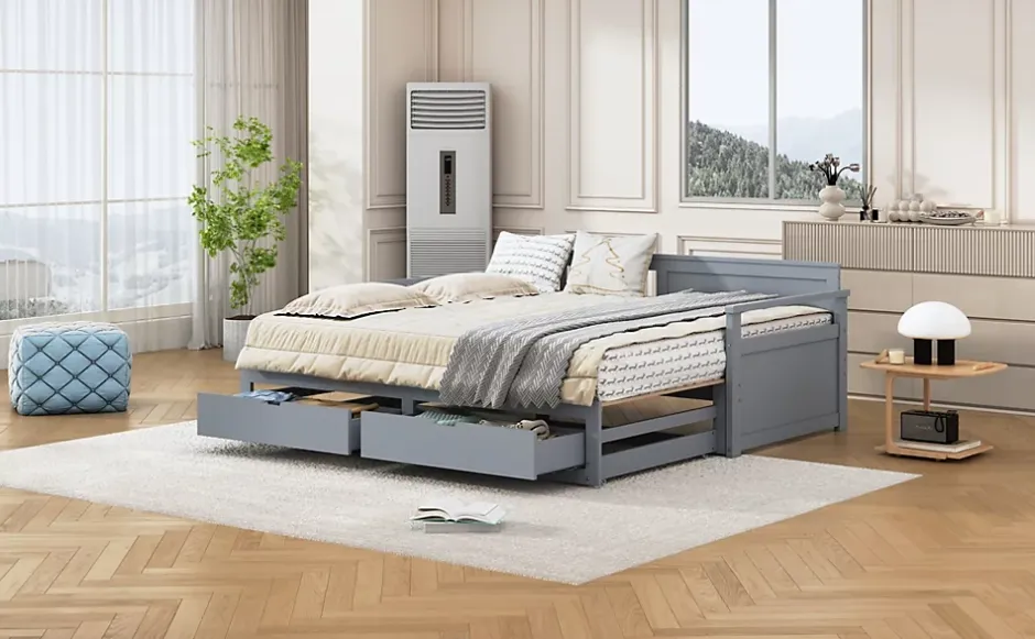 Redom Lit multifonction deux en un quatre vingt dix cent quatre vingt par cent quatre vingt dix pin avec tiroirs lit extensible gris Outlet