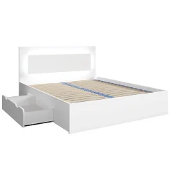 Meublorama Lit NOFI 160 x 200 cm avec sommier et 2 tiroirs de rangement - blanc