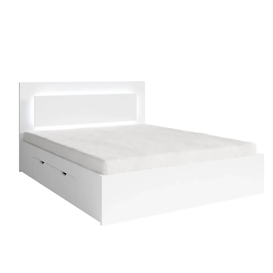 Meublorama Lit NOFI 160 x 200 cm avec sommier et 2 tiroirs de rangement - blanc