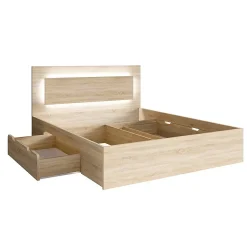 Meublorama Lit NOFI 160 x 200 cm avec sommier et 2 tiroirs de rangement - coloris chene sonoma
