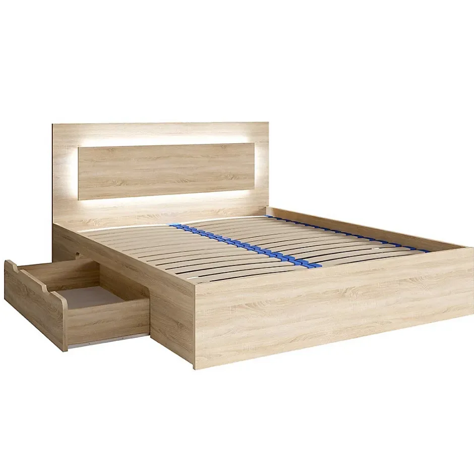 Meublorama Lit NOFI 160 x 200 cm avec sommier et 2 tiroirs de rangement - coloris chene sonoma