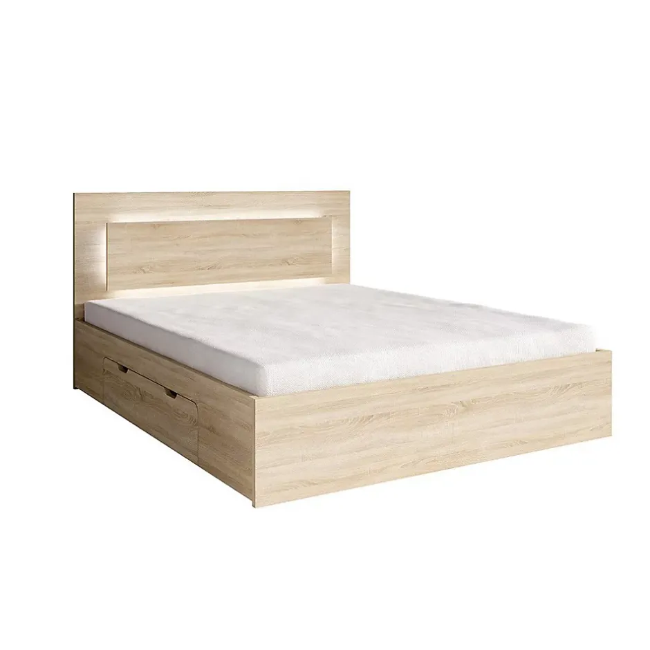 Meublorama Lit NOFI 160 x 200 cm avec sommier et 2 tiroirs de rangement - coloris chene sonoma