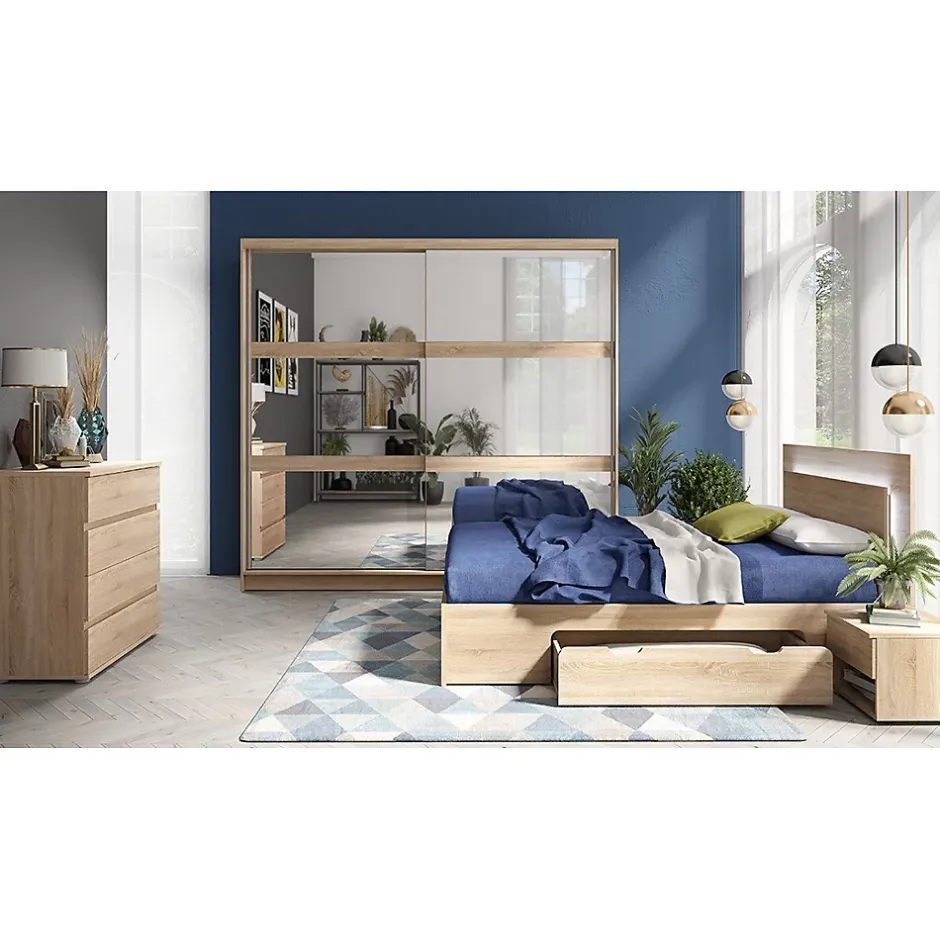 Meublorama Lit NOFI 160 x 200 cm avec sommier et 2 tiroirs de rangement - coloris chene sonoma