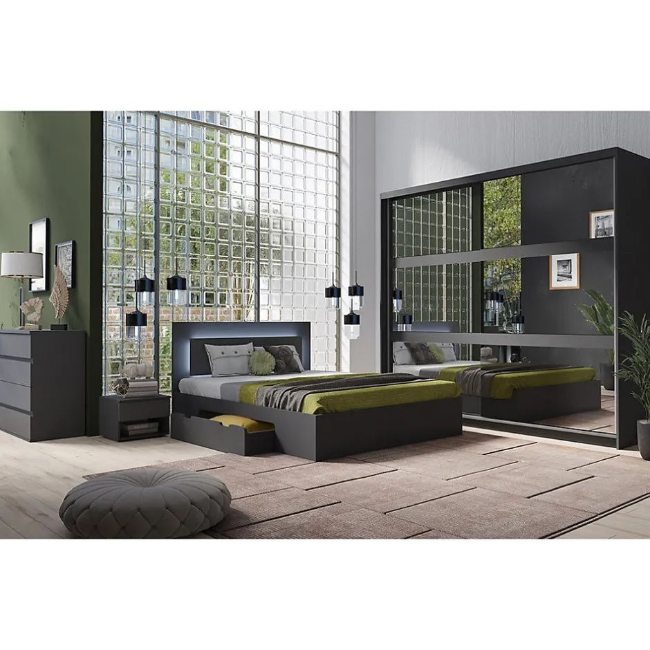 Meublorama Lit NOFI avec sommier 160 x 200 cm avec 2 tiroirs de rangement - gris graphite