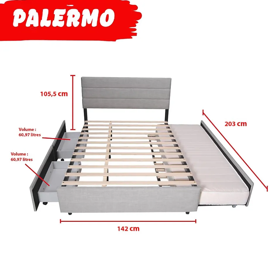 Weber Industries Lit PALERMO 140x200 +1 sommier+2 tiroirs+1 tiroir lit 90x190 / Gris clair Online