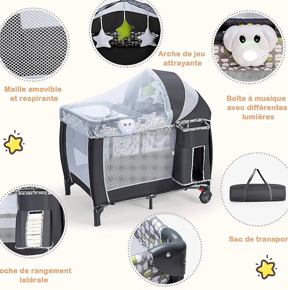 Giantex Lit Parapluie pour Bebe Pliable a roulettes avec Table a Langer et Matelas Lit de Voyage Bebe Gris