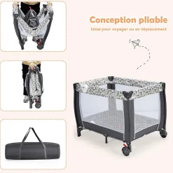 Giantex Lit Parapluie pour Bebe Pliable a roulettes avec Table a Langer et Matelas Lit de Voyage Bebe Gris