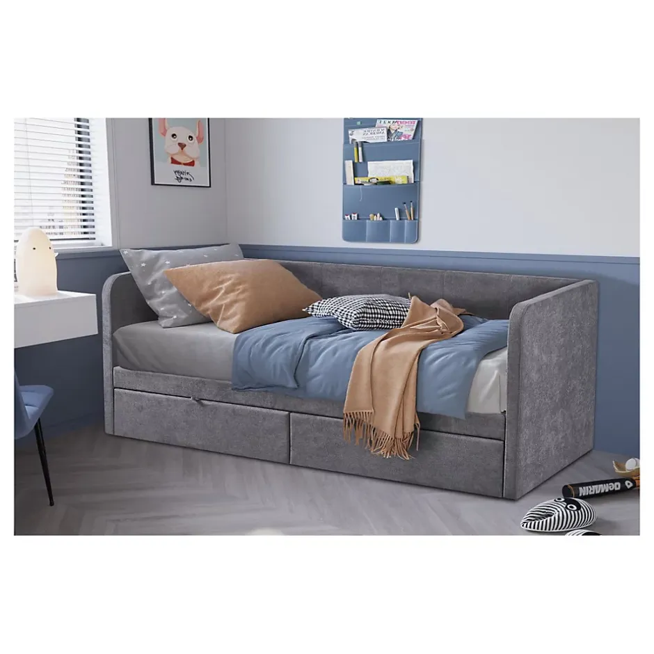 Meublorama Lit PARME 90x200 cm Tissu gris Sommier inclus Design moderne et structure robuste Discount