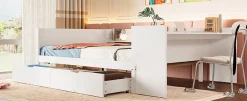 Enfant Fortuna lai Lit Plat 140x200cm, Bureau, 2 Tiroirs, Pin + Panneau, Sans Matelas, Blanc