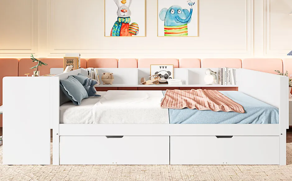 Enfant Fortuna lai Lit Plat 140x200cm, Bureau, 2 Tiroirs, Pin + Panneau, Sans Matelas, Blanc