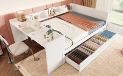 Enfant Fortuna lai Lit Plat 140x200cm, Bureau, 2 Tiroirs, Pin + Panneau, Sans Matelas, Blanc
